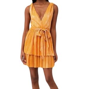 Sabina Musayev Small Orange Gold Pleated V Neck Tiered Deep V Neck Mini Dress